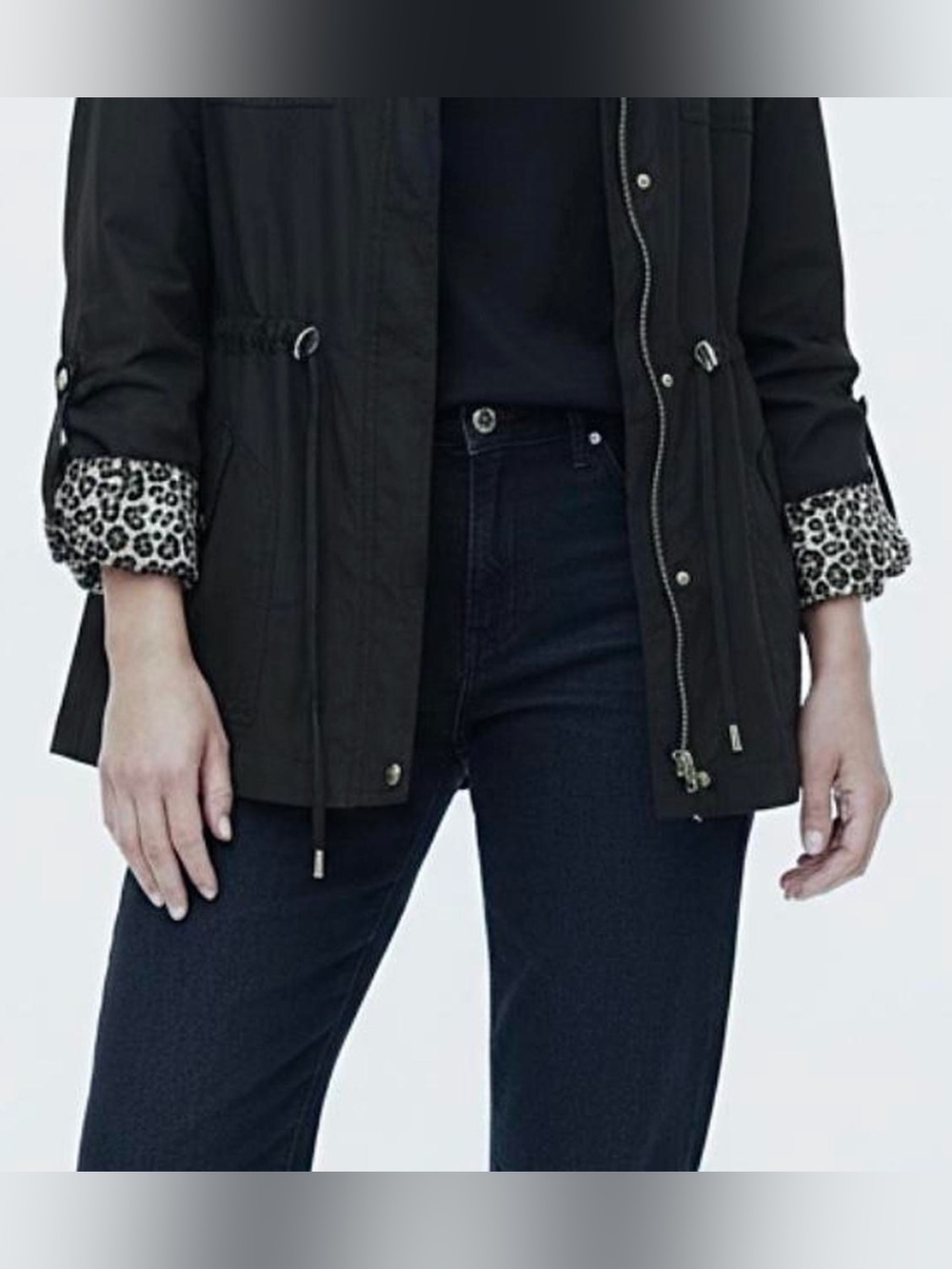 Women's Black Drawstring Anorak Jacket with Leopard Trim